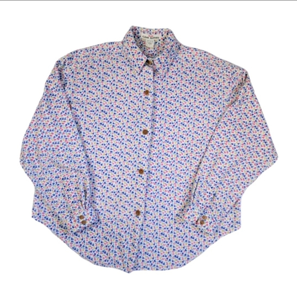 Clean Clothes Brand 100% Cotton Corduroy Button Down Top With Tiny Tulips L